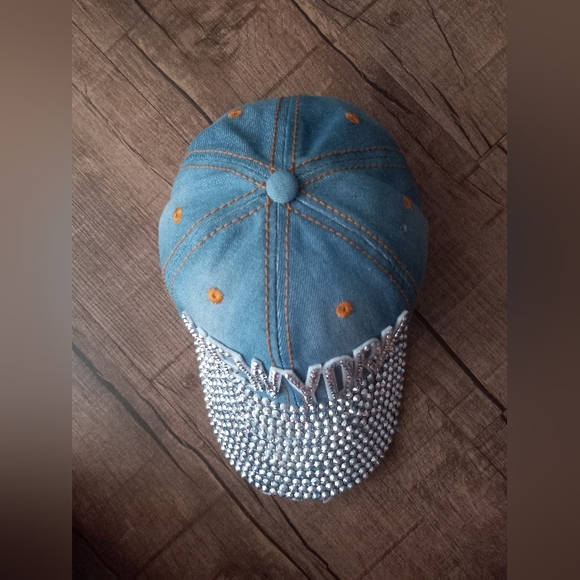 NY Rhinestone Embellished Jean Baseball Cap - Picture 5 of 6